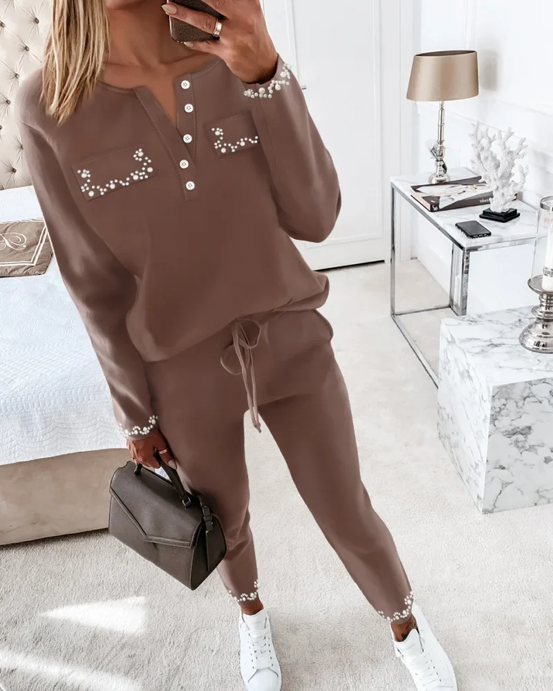 Two Piece Sets Women Solid Full Sleeve Pearl Round Neck Tops Lace Up Straight Long Pants Set Elastic Waist Casual Autumn 2023