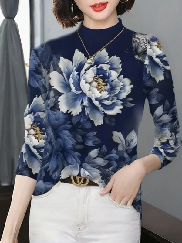 

Утепленная флисовая рубашка с длинными рукавами и принтом для женщин среднего и пожилого возраста, модный топ с воротником-стойкой для мам