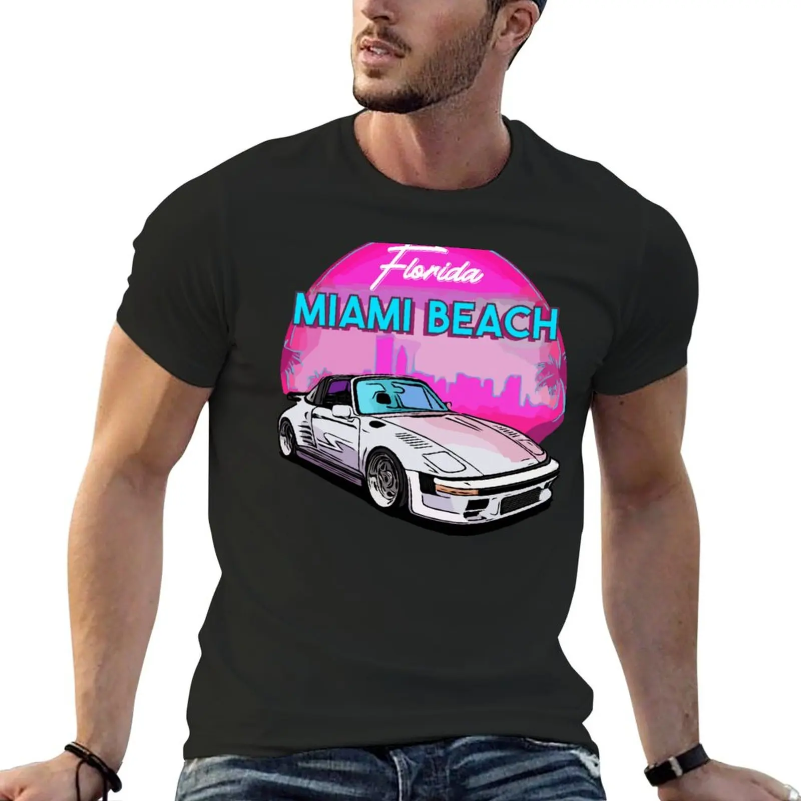 

Miami Beach TShirt Florida Miami Palm Trees and Vintage Car T-Shirt designer shirts basketball graphic tees mens white t shirts