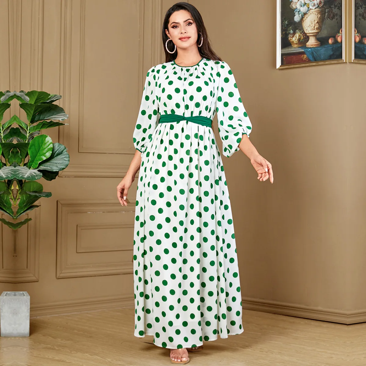 

Middle East Series Elegant Polka Dot Daily Casual Dress Muslim Women's Arab Dubai Lantern Sleeve Dress Fashion Printed Robe