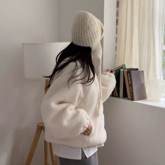 Chaqueta de piel de cordero holgada para mujer, Color puro, cuello levantado, un solo botón, algodón enriquecido, novedad de invierno, abrigo coreano Sle