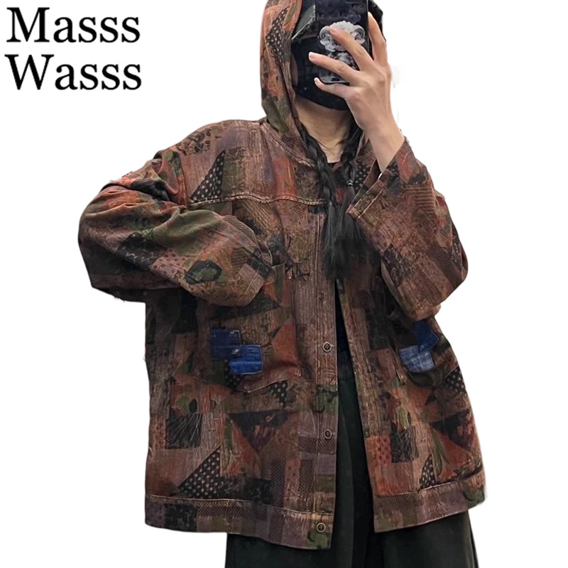 

Masss Wasss Brand 2025 Fall Ladies Classic Fashion Printed Oversized Hooded Jackets Women Loose Patchwork Outerwear Casual Coats