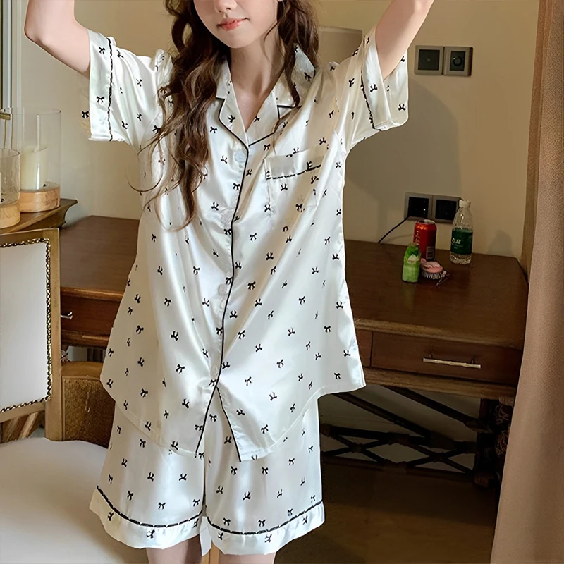 Summer Pajamas Women\'s Ice Silk 2024 Bow Print Thin Short Sleeve Cardigan Student Style Can Be Worn Over Loungewear