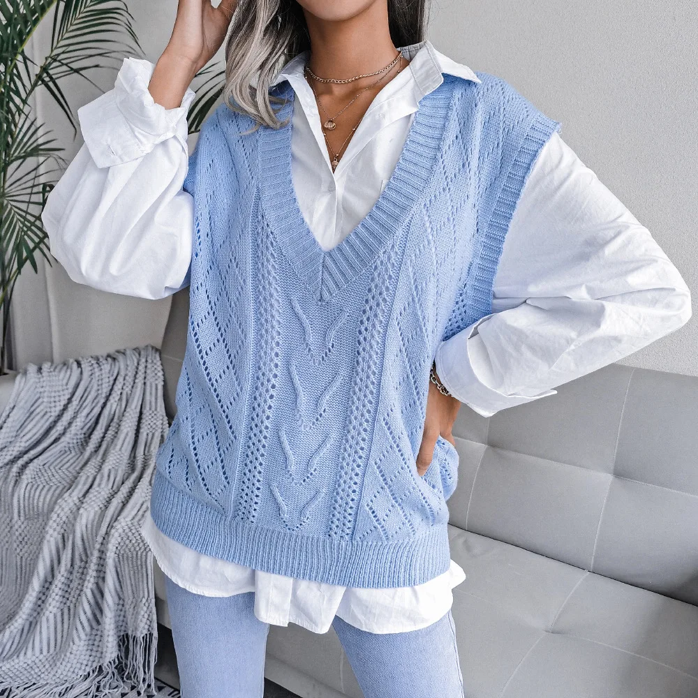 

Autumn Winter Hollow Twisted V-neck Knitted Vest Sweater Women