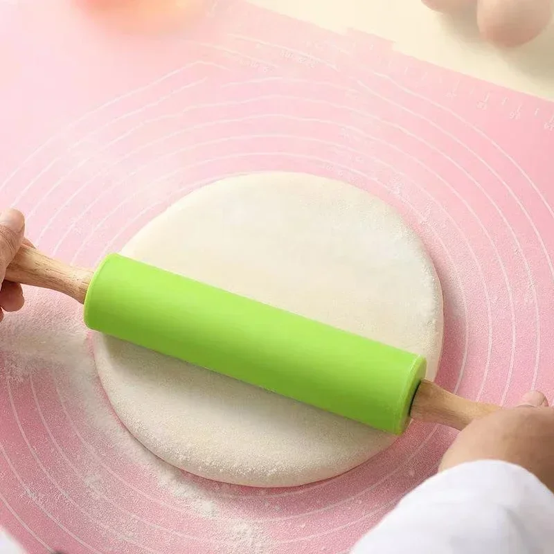 Non-Stick Silicone Rolling Pin Wooden Handle Pastry Dough Flour Roller Kitchen Cooking Baking Tool for Dumpling Cookie Cakes