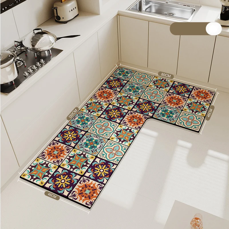 Non-slip Kitchen Carpet, L-shaped Diatom Mud, Water-absorbing, Non-slip Floor Mat, French Home Decoration Rug