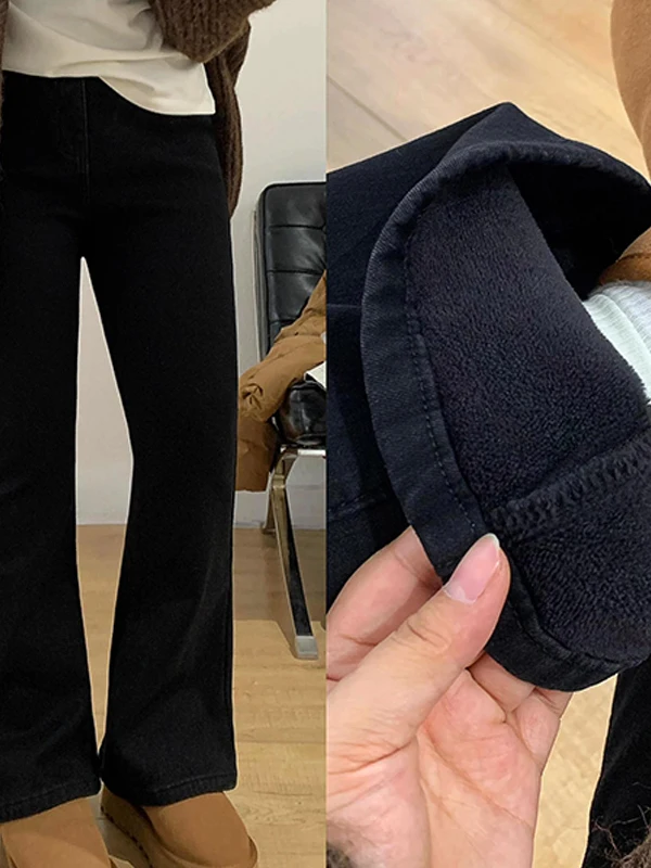 

Black Fleece Lined Denim Jeans Women's High Waist Stretchy Bootcut Pants Slimming for Pear Shaped plus Size Casual Cotton Blend