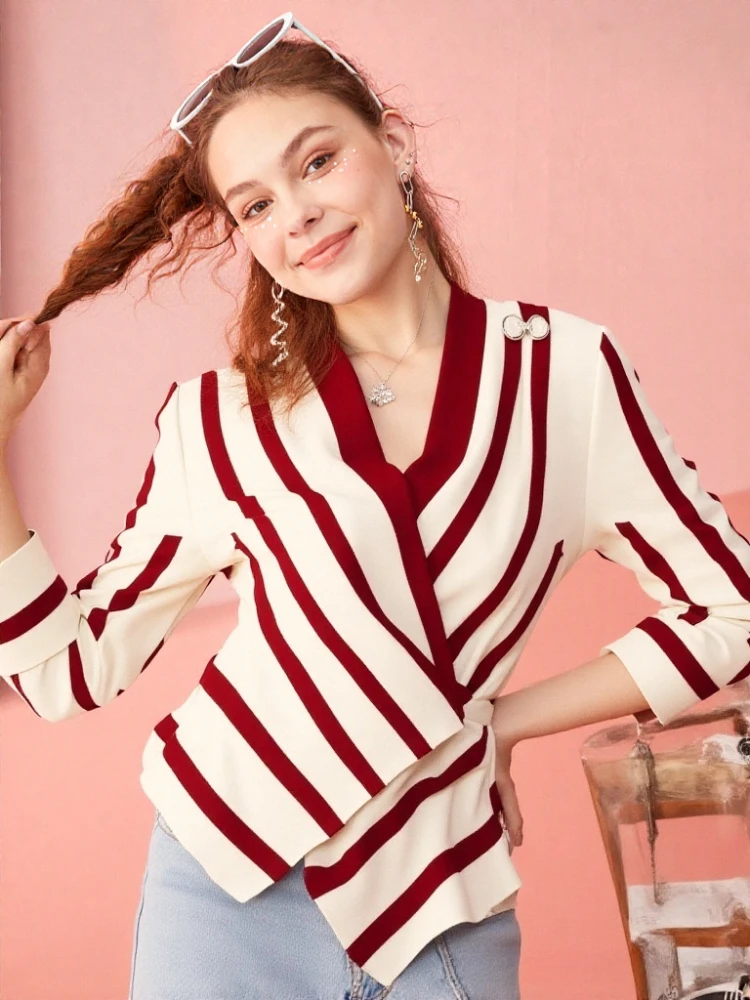 

Autumn High end Luxury Long Sleeve Shirt for Women Unique Chic Korean Style V-neck Slimminng Commuter Striped Blosues Women Tops