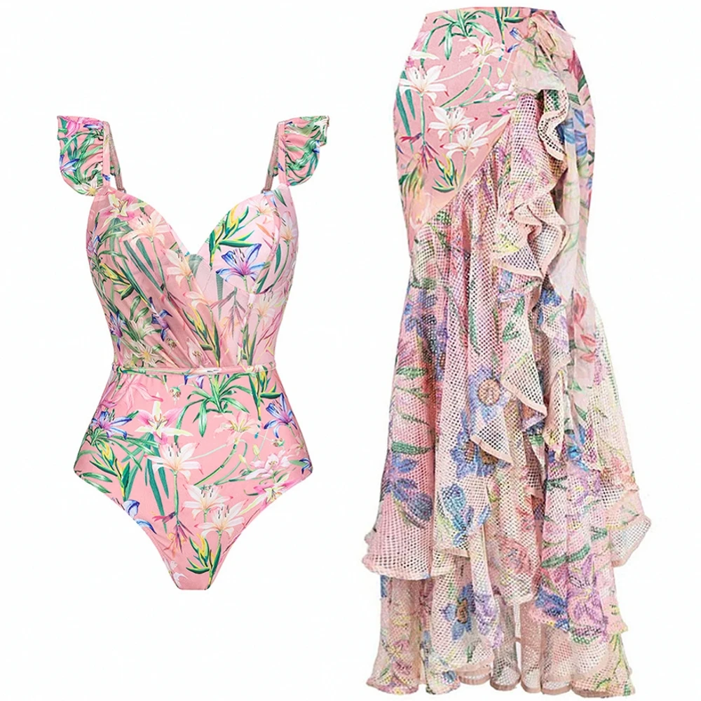 Retro Pink Color Matching Printed One-piece Swimsuit Sexy Beach Swimwear Fashion Strap Cover-up Blouse Pre-sale New 2023