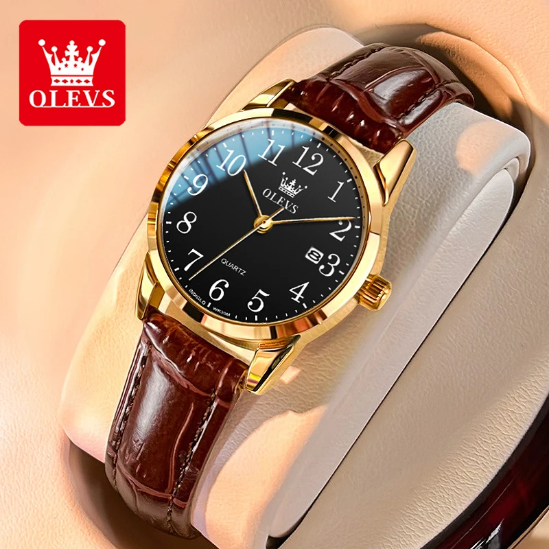 OLEVS 5566 Jam Tangan Quartz Fashion untuk Pria dan Wanita Tali Kulit Tahan Air Jam Tangan Original Skala Angka Arab Hadiah untuk Orang Tua