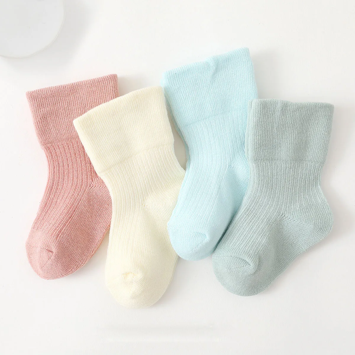

4 Pairs Solid Color Ribbed Baby Socks ,Soft Combed Cotton Mid Calf Infant Socks ,Breathable Elastic Cuff Toddler Plain Socks For Newborn Boys Girls Spring Autum
