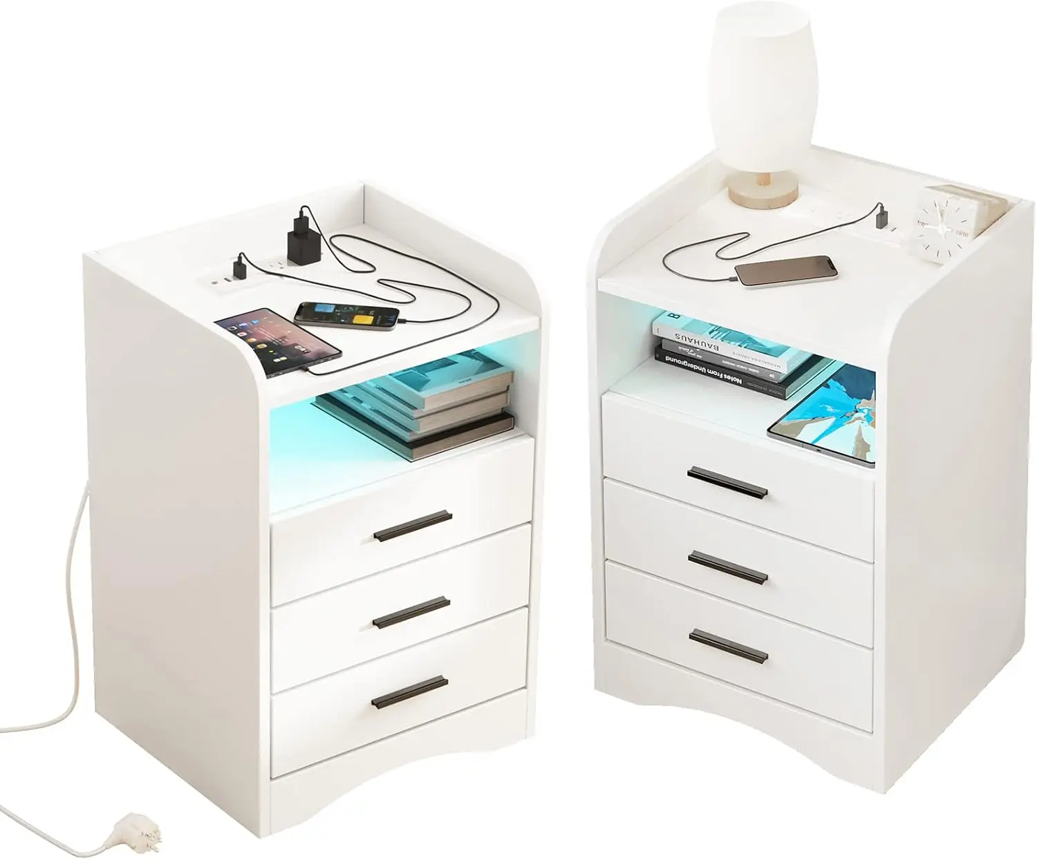 White Nightstand Set of 2 with Charging Station & LED Lights, 3 Drawers nightstand, Bed Side Table Night Stand for Bedroom Livin