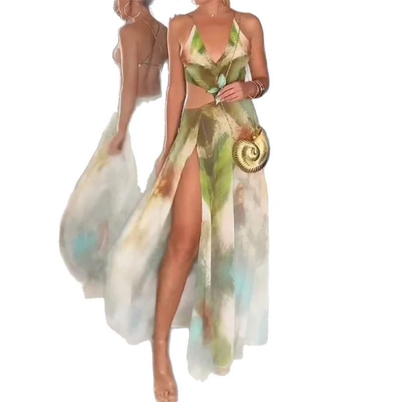 Spaghetti Strap Sleeveless Dress Women 2025 Summer Slim Fit Cut Out Waist Split Vacation Maxi Dress