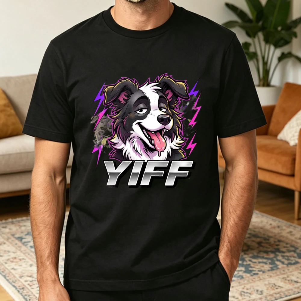 YIFF Neon Border Collie Graphic T-Shirt Furry Art Shirt Cute Fursuit Fan Graphic Tee Fursona Aesthetic Clothing Men Fashion Tops