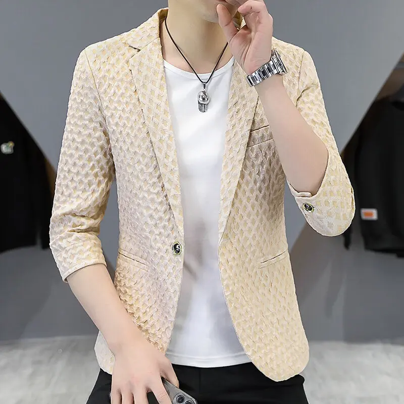 KIDWHXR Man Suit Coat Summer Fashion Slim Solid Half Sleeve Men Blazer Thin Breathable Single-breasted Casual Male Outerwear