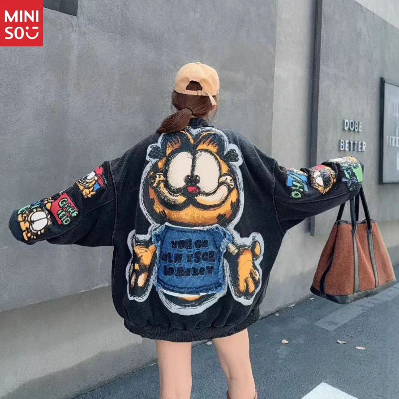 

Miniso Garfield Baseball Jacket for Women, Heavy-Duty Oversized Varsity Coat, Causal Top