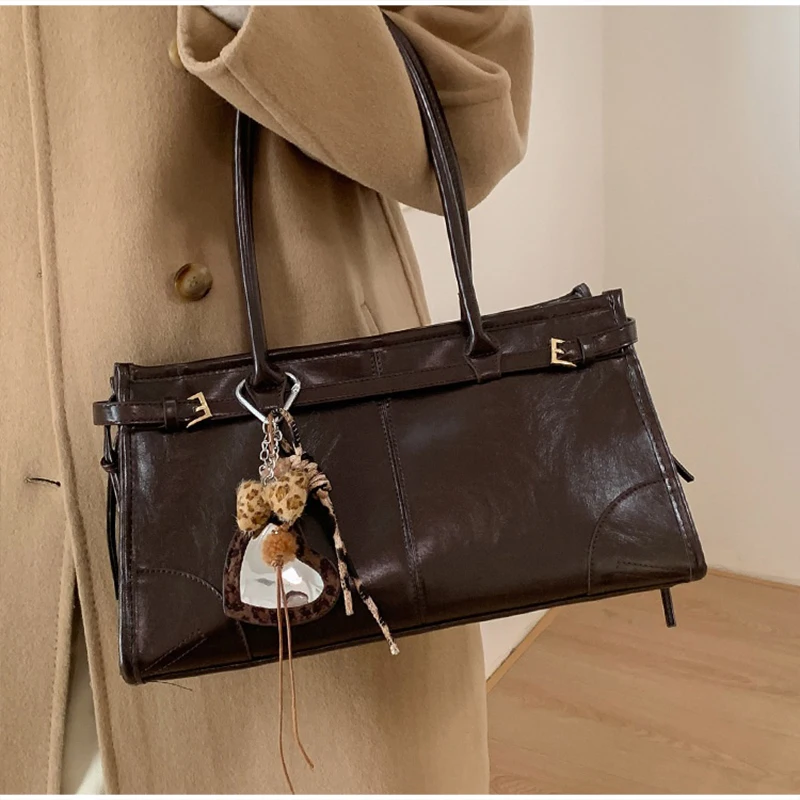 

Glossy Square Handbag For Women, Korean Designer Belt Buckle Bag, Exotic Leopard Pendant Adjustable Shoulder Bag