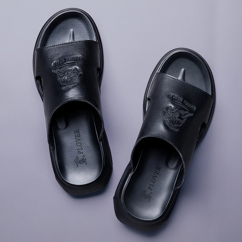 2026 Summer Shoes for Men Genuine Leather Slipper Embroider Casual Sandals Comfortable Slides Air Cushion Beach Sandals Slippers
