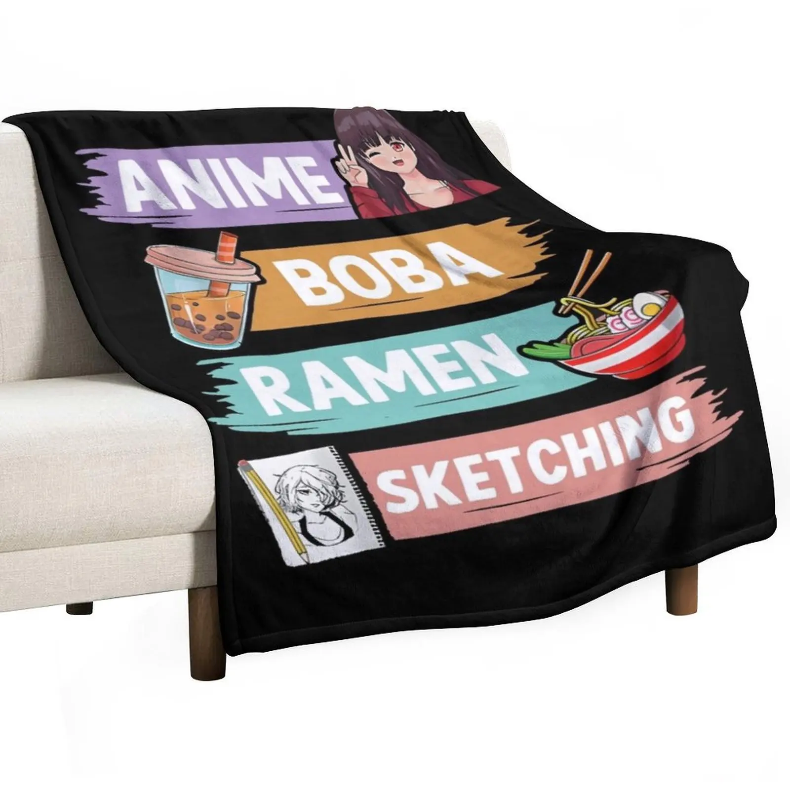

anime boba ramen sketching otaku kawaii anime girl shirt Throw Blanket Bed linens Cute Plaid christmas gifts Blankets
