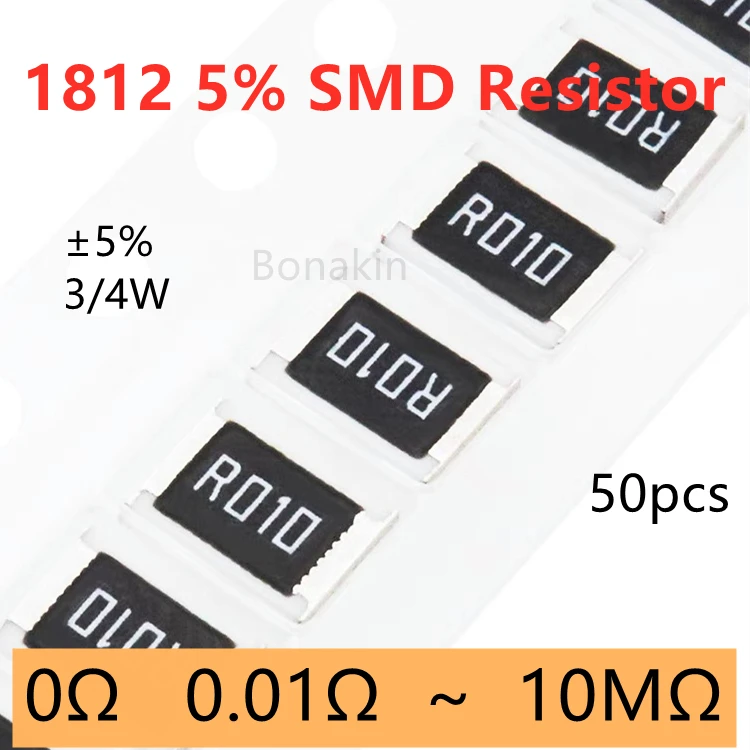 50pcs 1812 5% SMD Resistor 0.01R0.03R0.05R0.1R0.15R0.2R0.3R0.5R2R3.3R10R20R51R100R200R330R1K1.2K2.2K3.3K4.7K5.1K10K100K1MΩ ohm