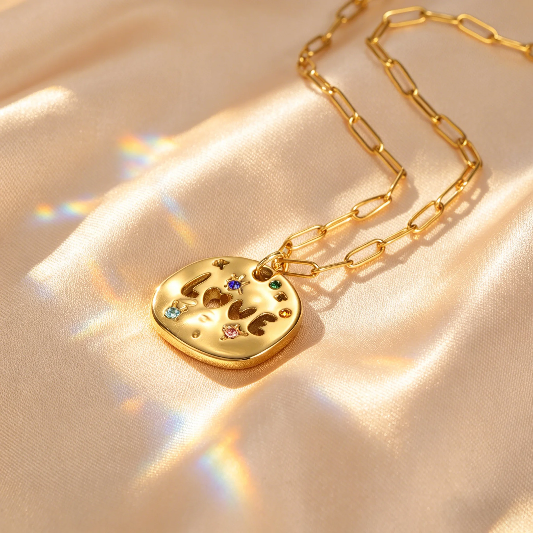 

Irregular Round Pendant Hollow LOVE Star with Diamond Accents 18K Gold Plated Stainless Steel Dainty Necklace Gift for Her