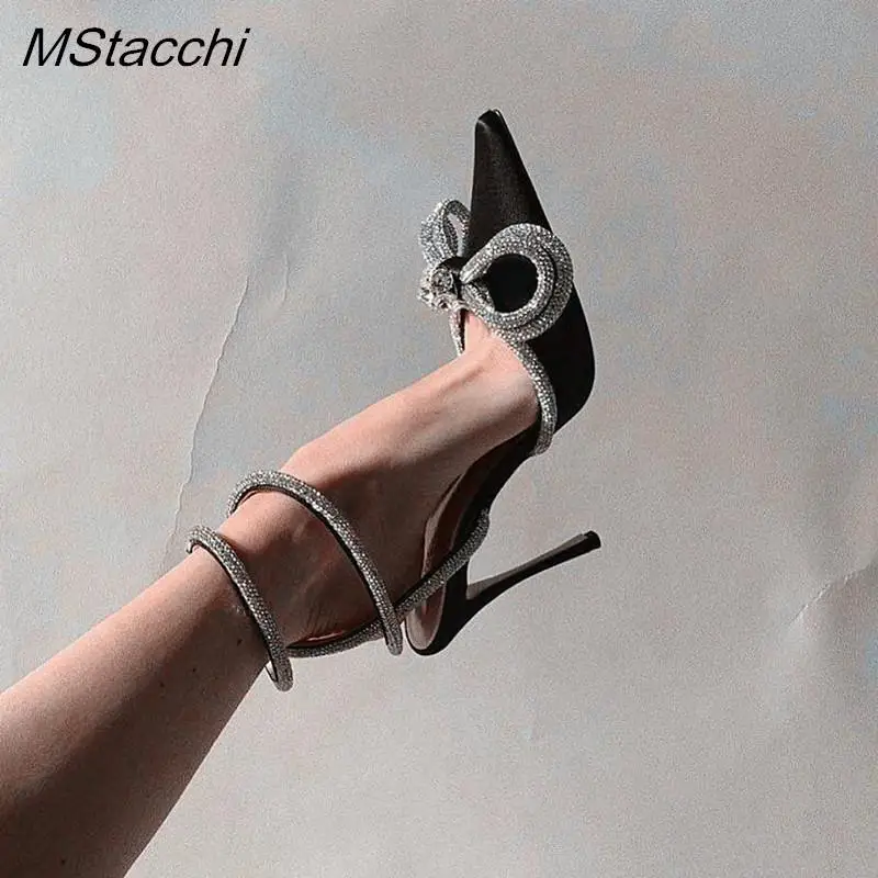 Crystal Sequined Bowknot Women\'s Sandals Sexy Ankle Strap High Heels Pumps Female Sandals 2026 Summer Wedding Nightclub Shoes