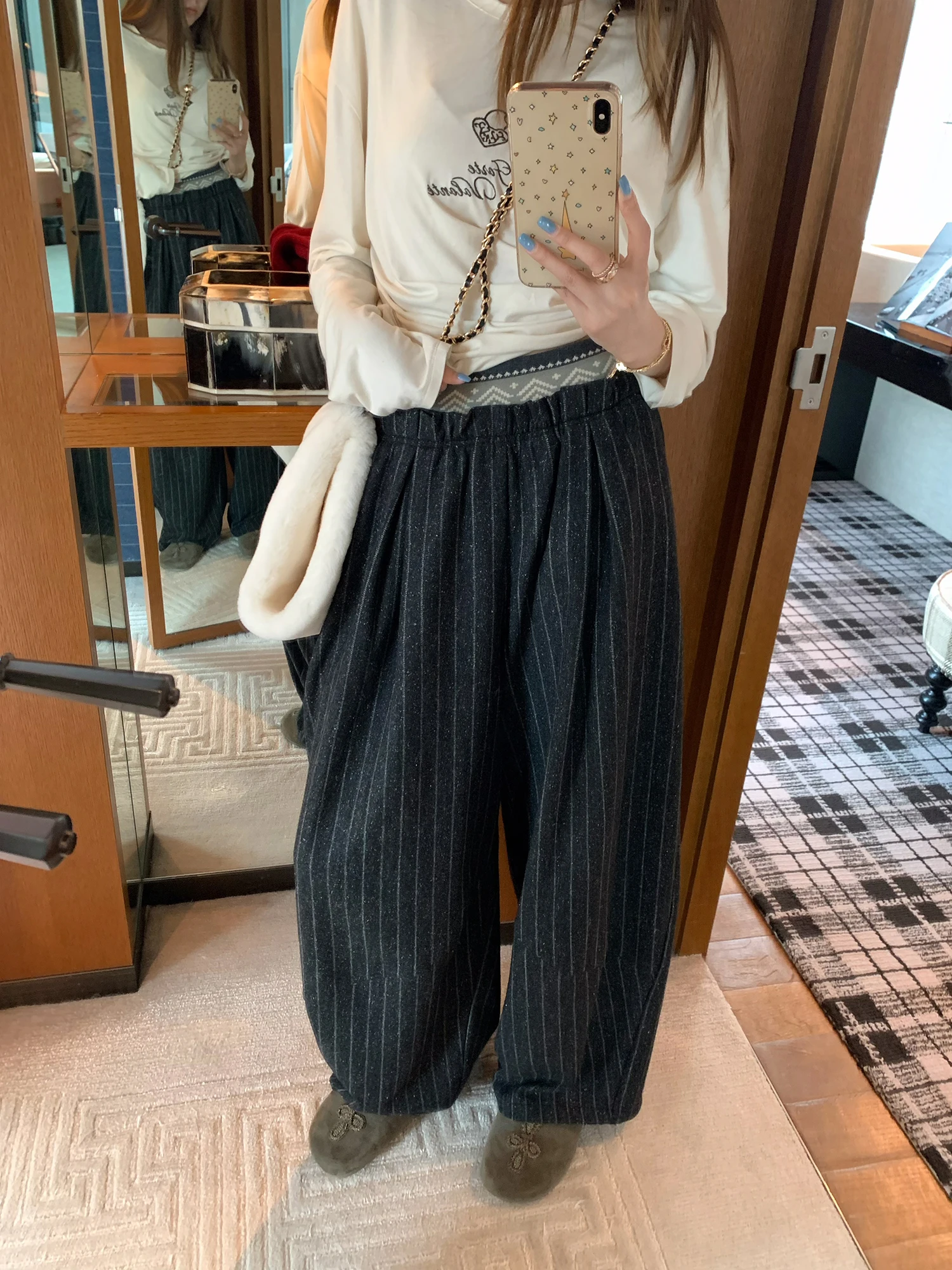 

Realzz Official Woolen Casual Pants Striped Knitted Floral Silk Loose Wide Leg Pants Ladies mid Low Waist Straight Tube