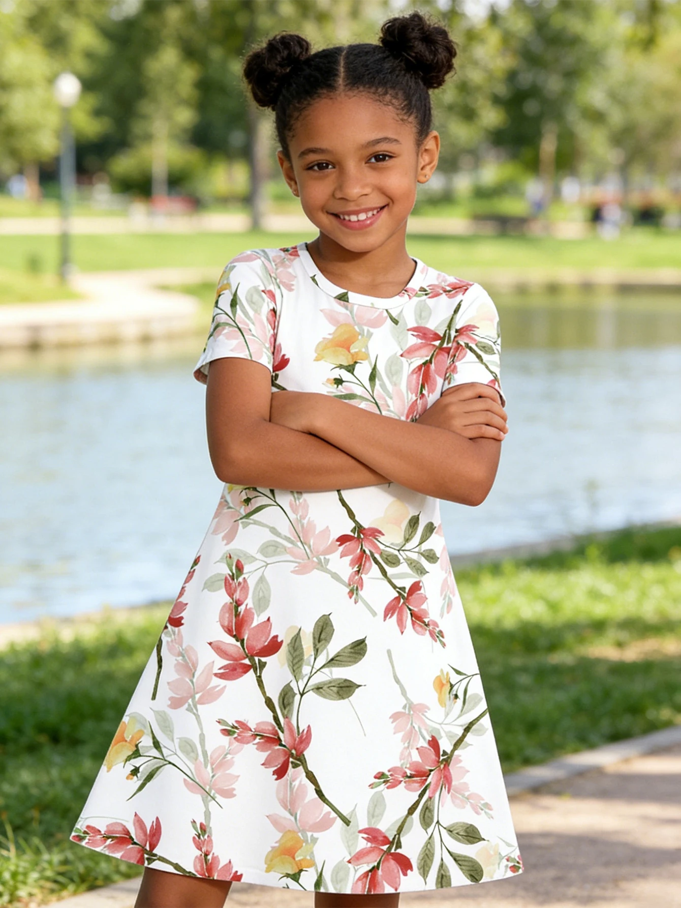 

2026 Children's Watercolor Floral Print Summer Short Sleeve Dress