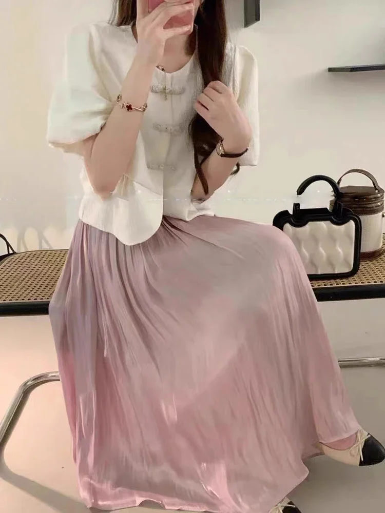 

2024 Summer Women's Pleated Skirt High Waist A Line Maxi Shiny Skirt Gauze Elegant Purple Long Satin Skirts for Women Korean New