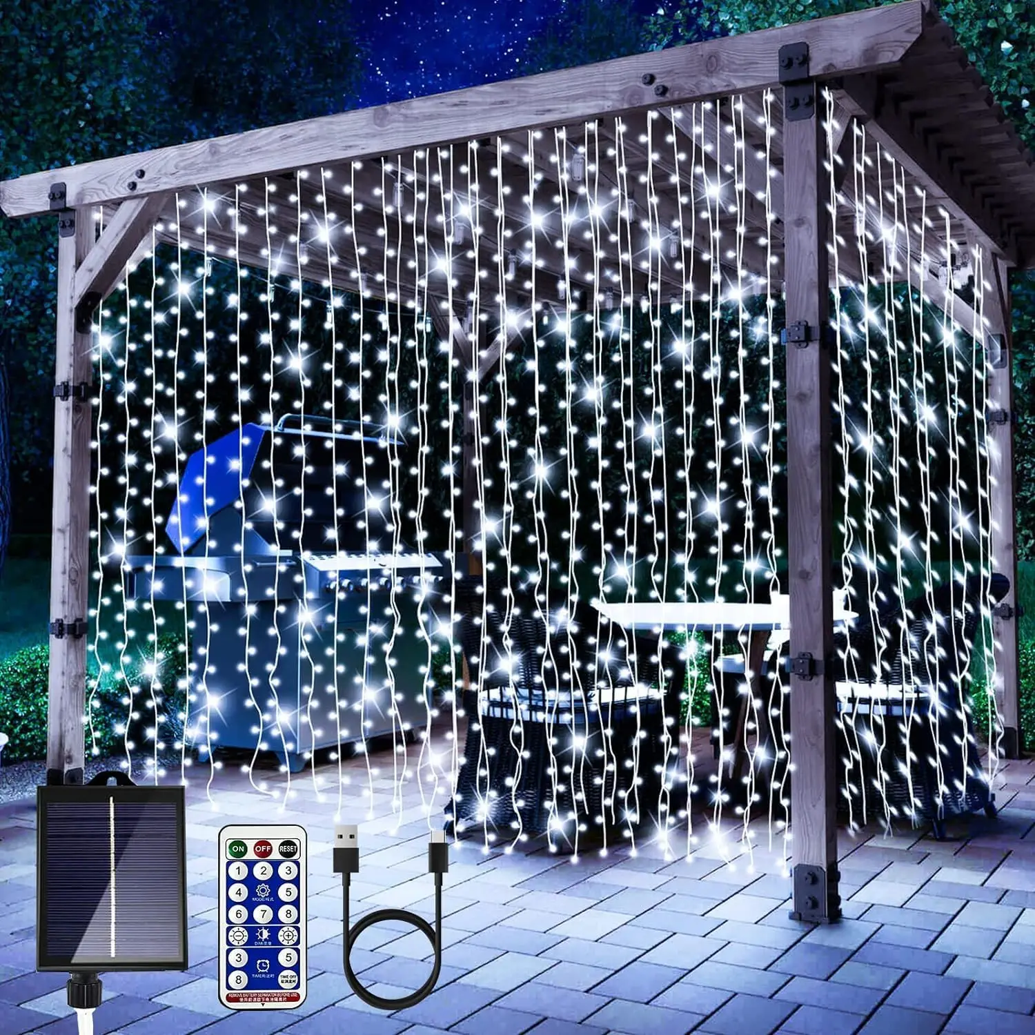 600 LED Solar Curtain Light Waterproof Waterfall Fairy Light String Window Wall Patio Light Wedding Party Christmas Decor