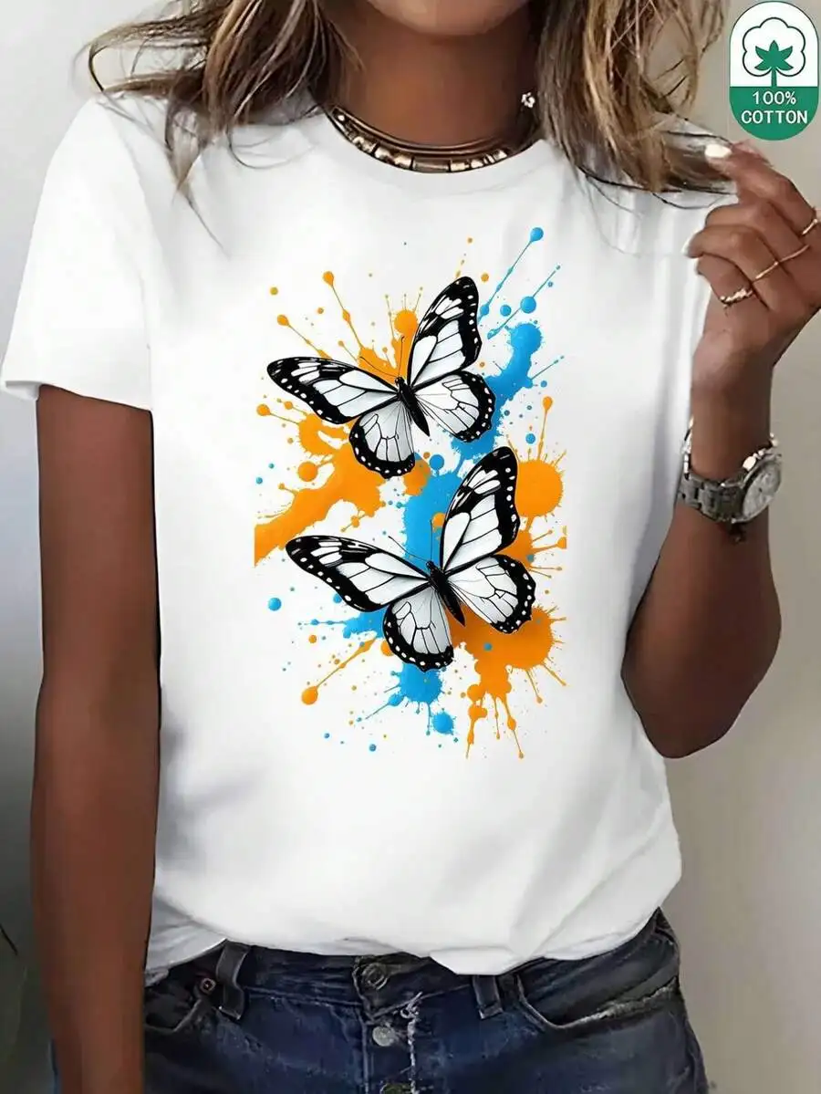 Summer Butterfly Print T-Shirt, Lightweight & Elastic, Perfect for Daily Wear and Travel