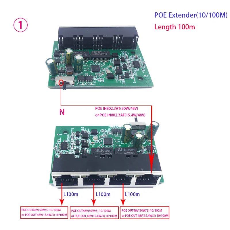 1+3Port module POE Extender, IEEE 802.3af/at PoE+ Standard, 10/100Mbps, POE Repeater 100-500 meters(328 ft), Extender module