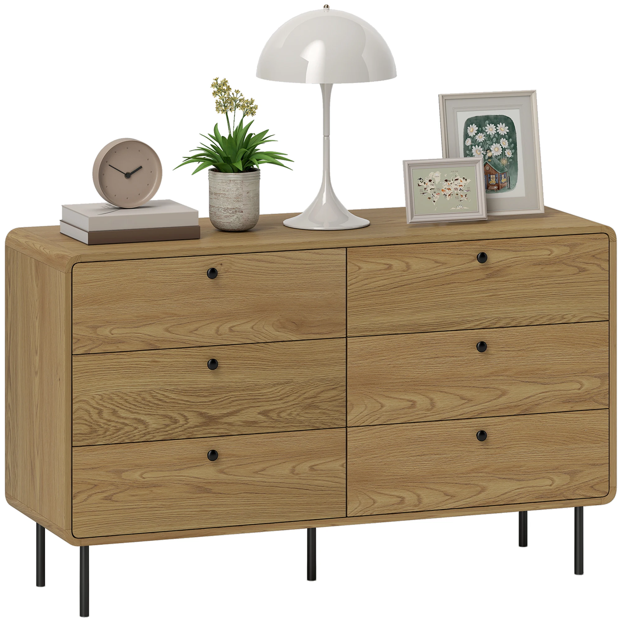 Comò HOMCOM con 6 cassetti, mobile contenitore in stile moderno con angoli arrotondati e gambe in acciaio, 120 x 40 x 75 cm, effetto legno di quercia