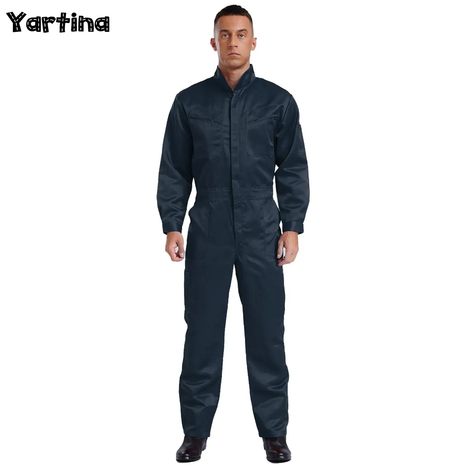Mens Work Coveralls Jumpsuit Work Wear Overalls Bodysuit Stand Collar Long Sleeve Front Zip Multiple Pockets Workshop Uniforms