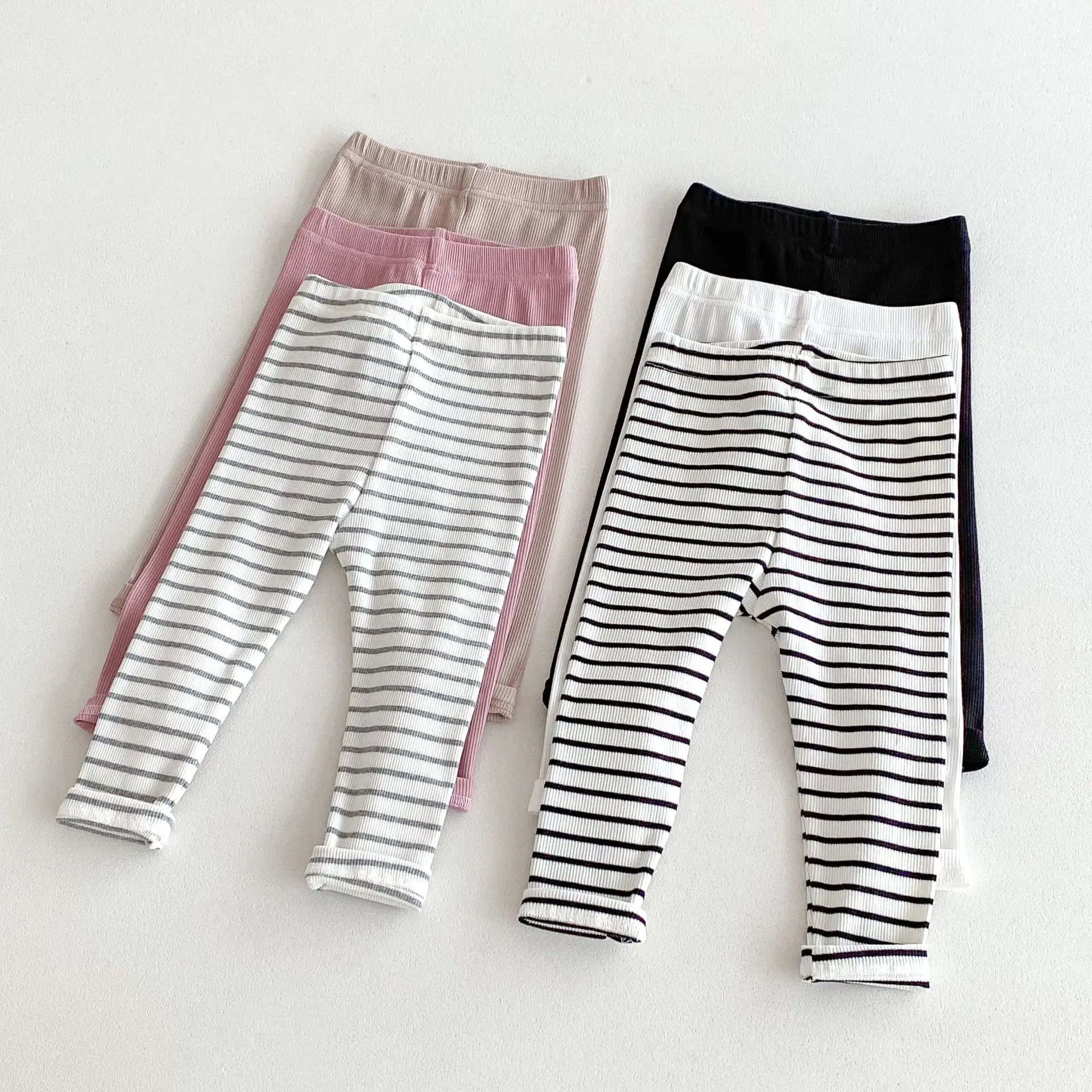 2024 Autumn New Children Solid Leggings Kids Tights Boys Girls Cotton Stretch Pants Striped Toddler Casual Versatile Trousers