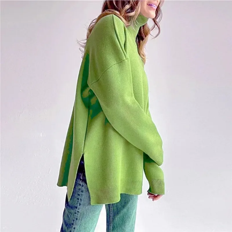 

Womens Autumn And Winter Versatile Side Slit New Sweater Top Long Sleeve Top High Collar Long Sleeve Knitted Solid Color Sweater