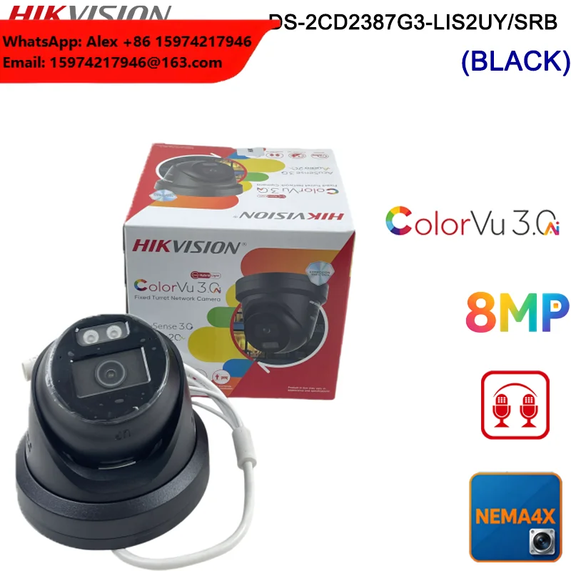 Original Hikvision DS-2CD2387G3-LIS2UY/SRB Black 8MP ColorVu Turret Camera HikAI Strobe Alarm NEMA4X IP67 PoE CCTV Surveillance