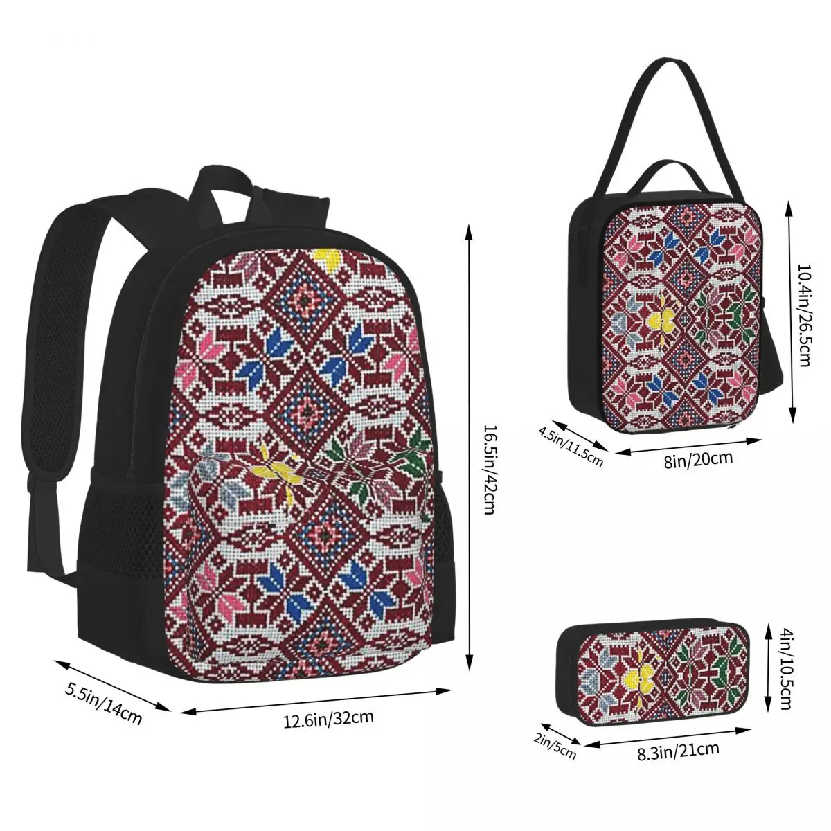 Embroidery The Palestinian Traditional Tatreez Backpacks Kids Bookbag School Bags Rucksack Lunch Bag Pen Bag Three-Piece Set