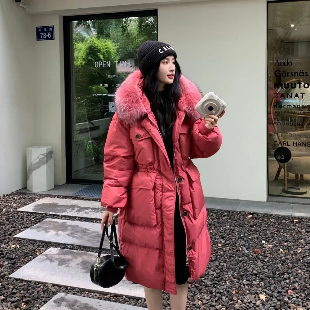 White Duck Down Jacket Women Waterproof Winter Long Puffer Jacket 2024 Fashion Real Raccoon Fur Hooded Female Feather