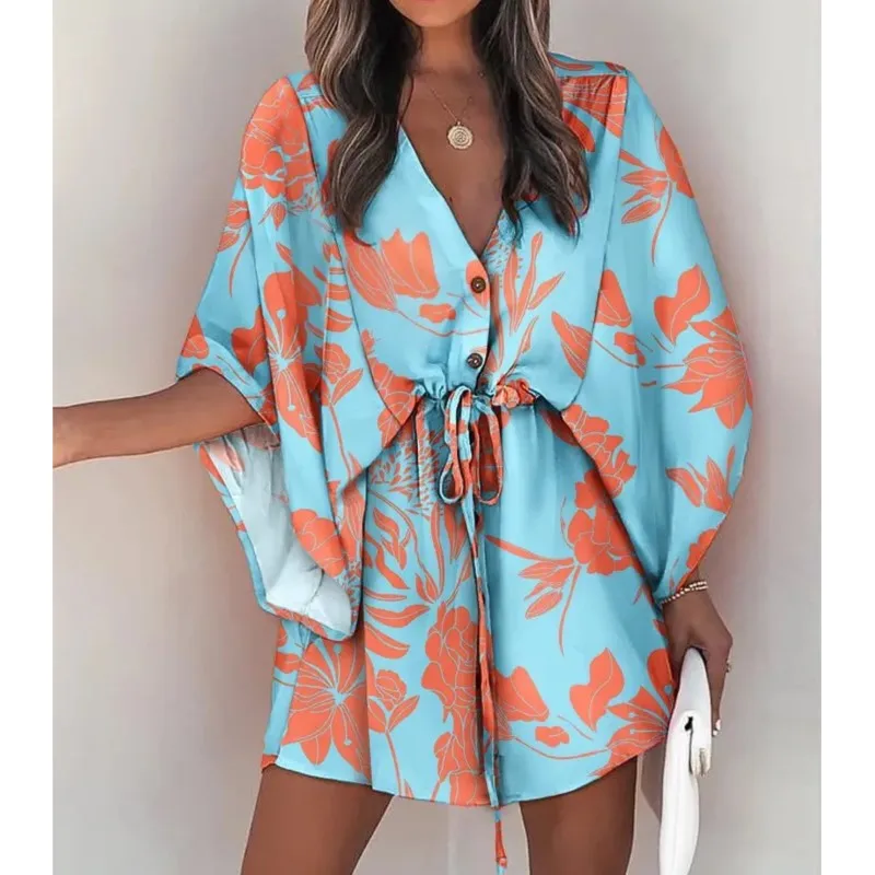 Women\'s Summer Flying Sleeves Sexy V-neck Lace Up Print Beach Dress 2024 Ladies Quarter Sleeve Loose Button Mini Dress Vestidos