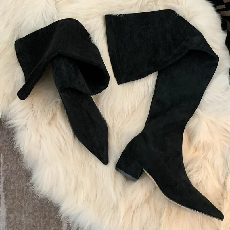 

Brand Design Women Over The Knee Boots Newest Pointed Toe Thick Heels Cow Suede Leather Shoes Woman Fashion Popular Casual