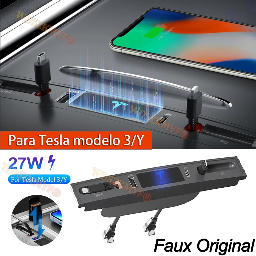 

2025 Quick Charger Docking Station For Tesla Model 3 Y 27W PD Type C Hub USB LED Shunt Hub Extension Center Console Smart Sensor