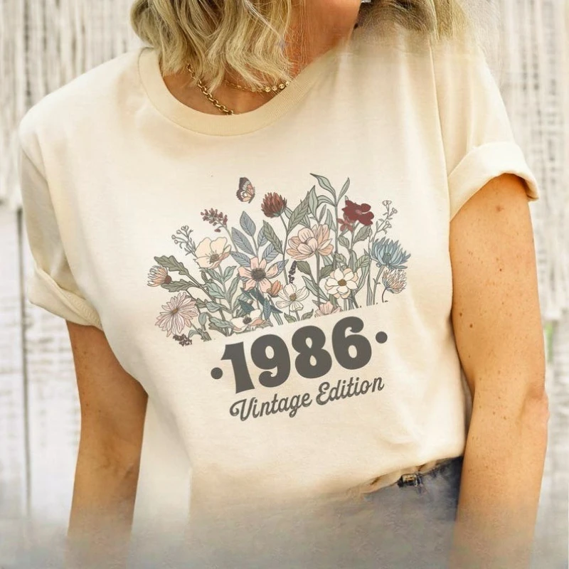 40th Birthday Shirt Flower 1986 Birth Year Number for Women graphic T-Shirt Turning 40 plus Gift Crewneck Short-sleev tops