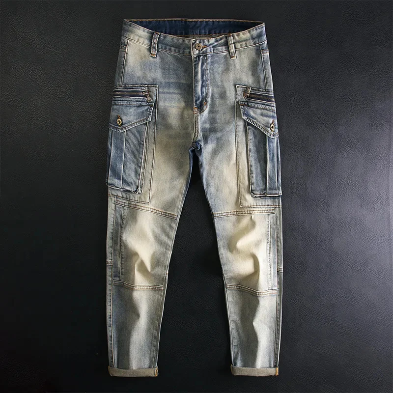 

Retro motorcycle jeans men's stretch slim fit trendy brand high-end personalized trend multi pocket distressed pants