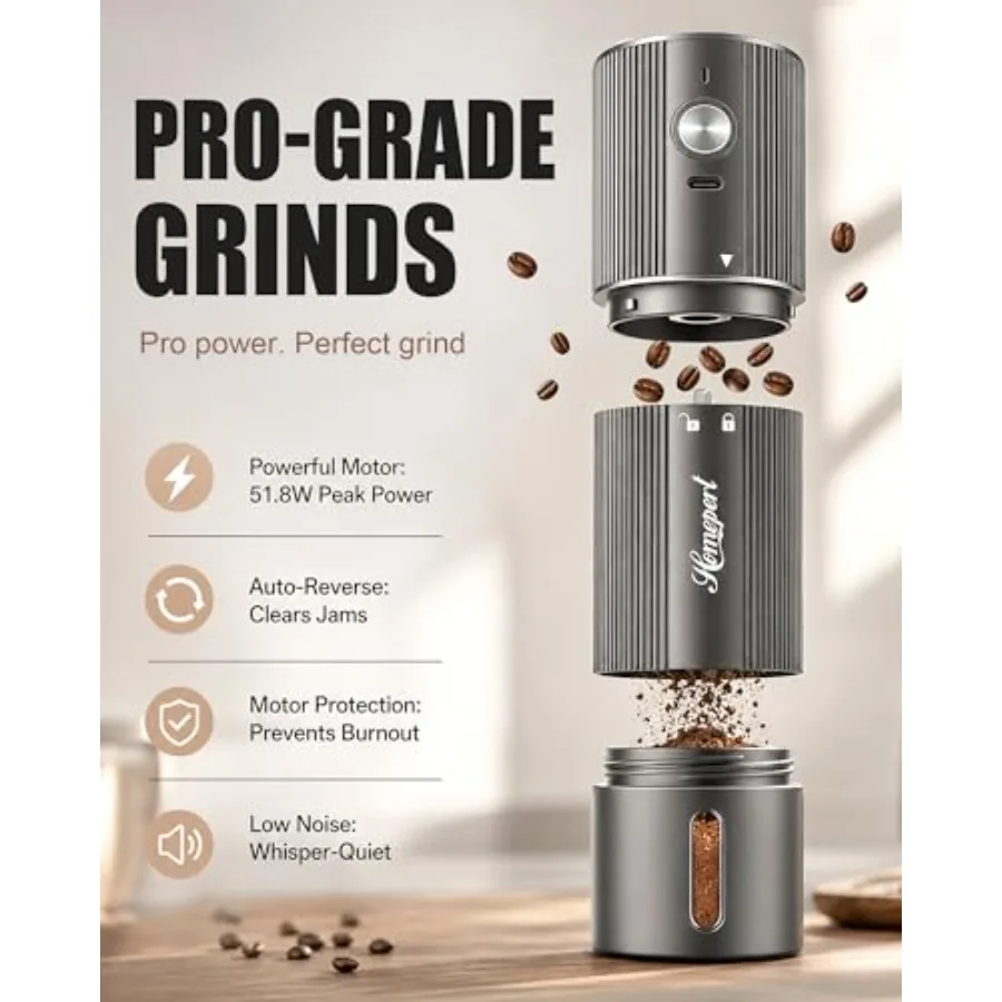 Cordless Electric Coffee Grinder For Camping And Travel, Stainless Steel Burrs, Black, 40 Precise Grind Settings From Pour-Over