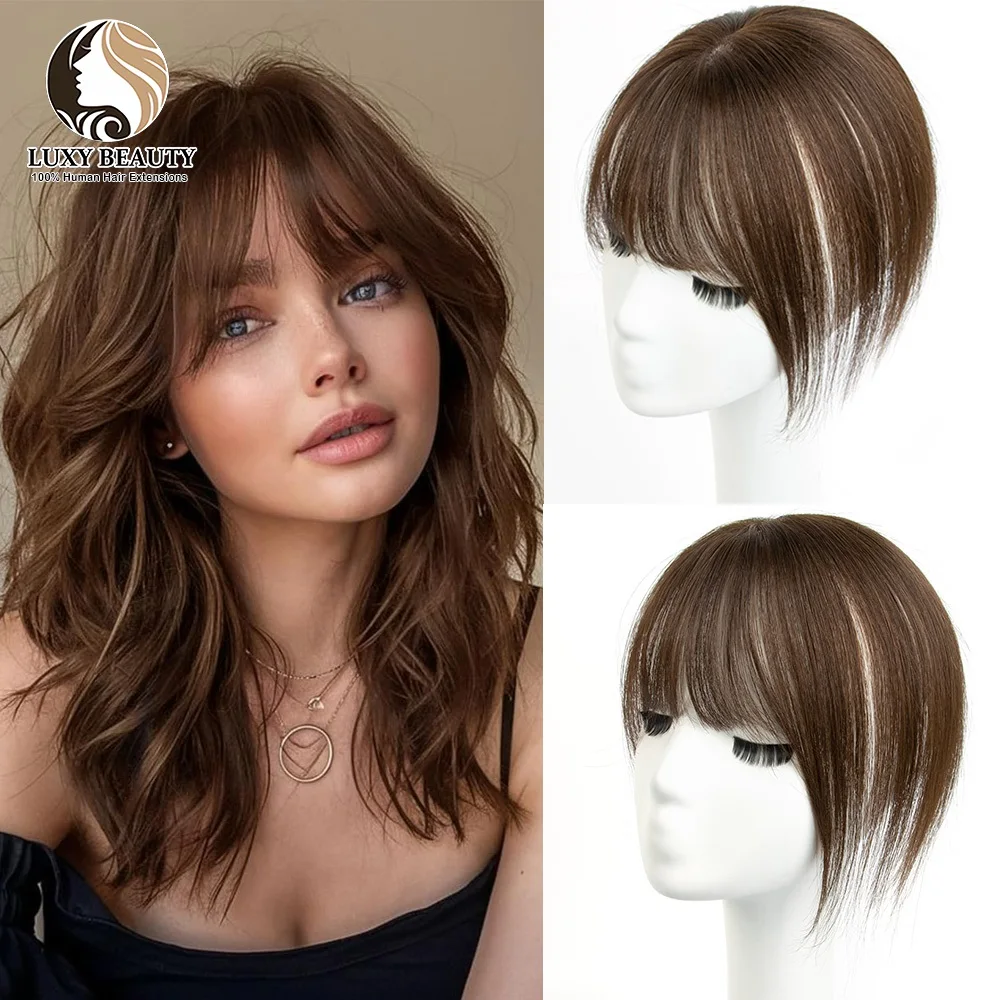 

5x9 см коричневый топпер из человеческих волос с челкой для женщин, натуральные черные блики, блондинка, заколка для кожи головы в топпеше, человеческие волосы