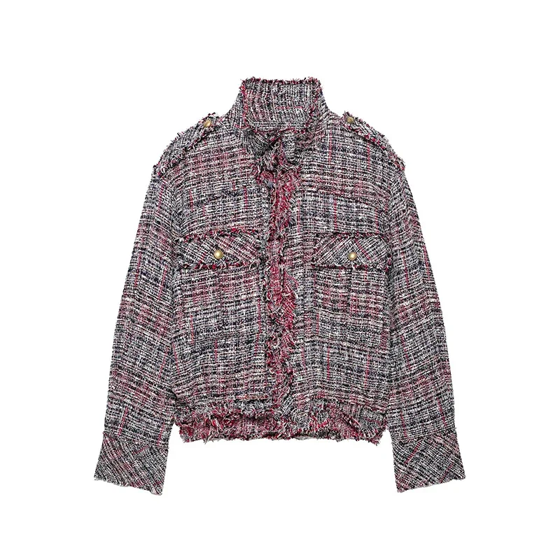 2026 Autumn Women Tweed Bomber Jacket Fringed Raw Edge Stand Collar Front Zipper Pockets Long Sleeve Cropped Coat