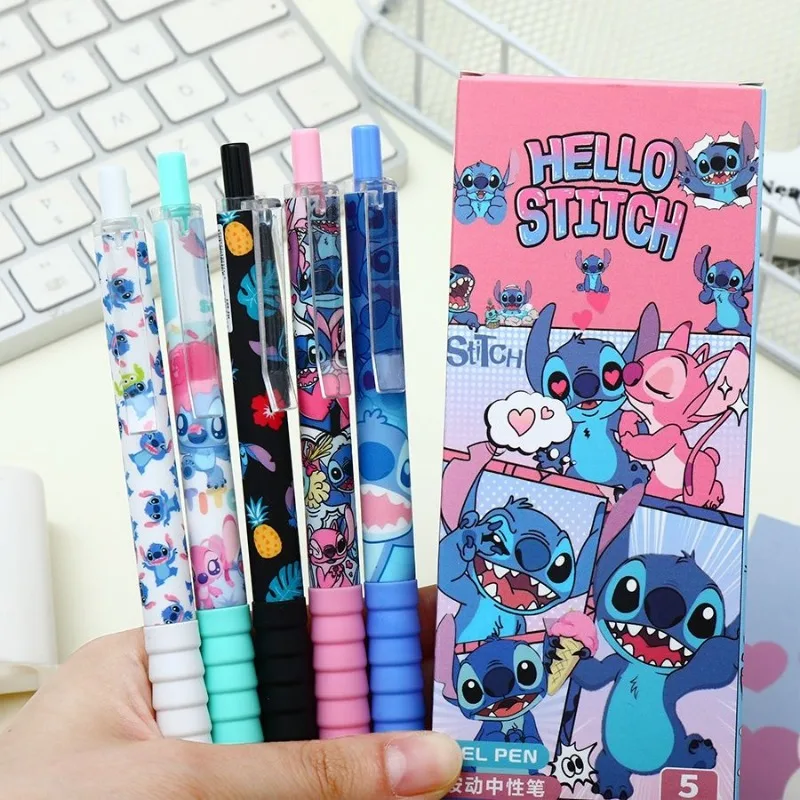 ديزني غرزة Kawaii الصحافة هلام أقلام لكتابة الكرتون 0.5 مللي متر الحبر الأسود قلم محايد اللون مكتب اللوازم المدرسية هدية للطفل 5 قطعة/صندوق