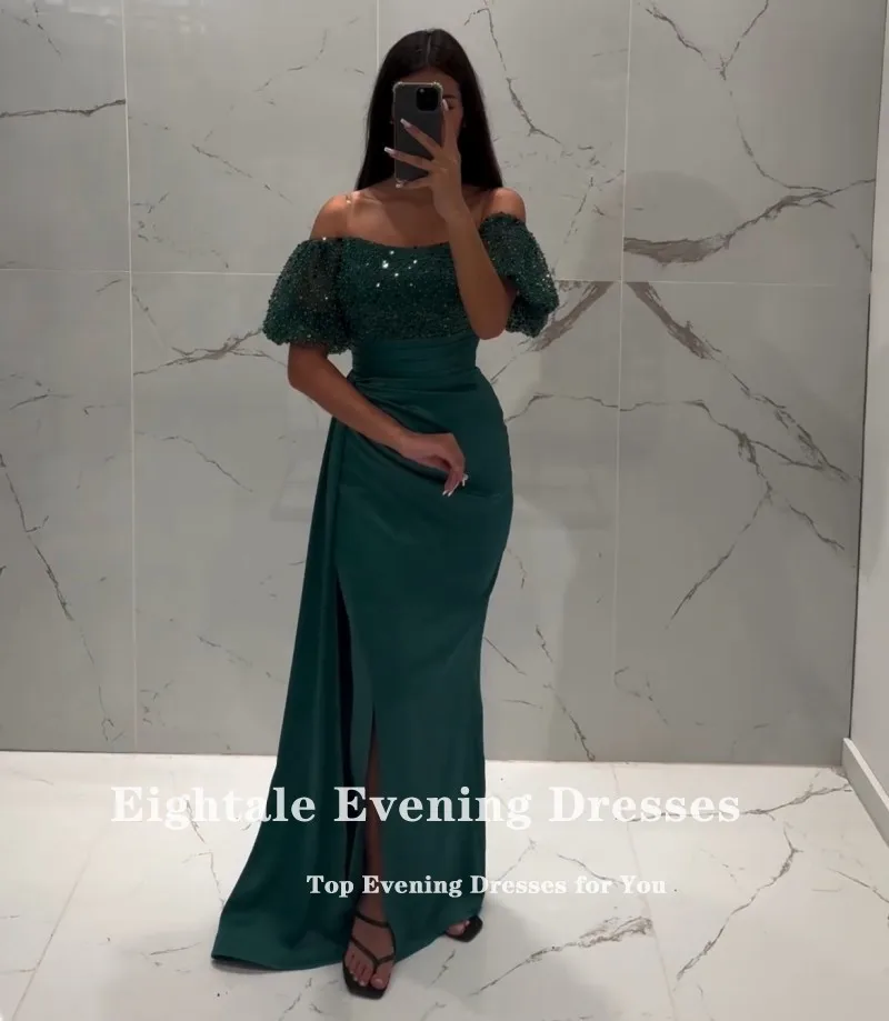 Eightale Dark Green Evening Dress Customized Short Sleeves Sequin Side Slit Formal Arabic Mermaid Wedding Party Prom Gowns Satin