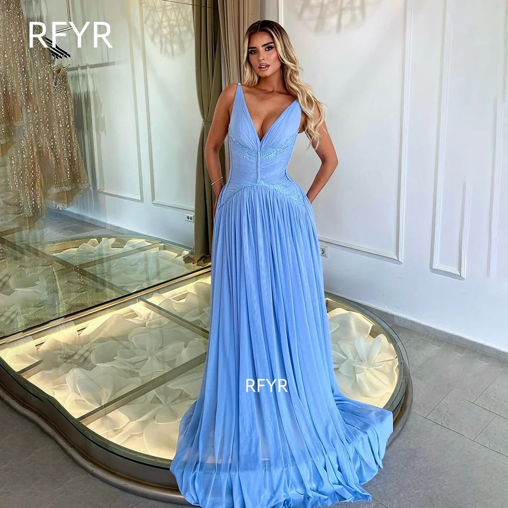 

RFYR Blue Prom Dress Sexy V Neck Evening Dress with Lace Party Dress with Pleats فساتين مناسبة رسمية Customized